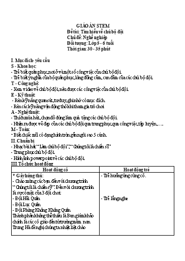 Giáo án Steam Mầm non Lớp Lá - Chủ đề: Nghề nghiệp. Đề tài: Tìm hiểu về chú bộ đội