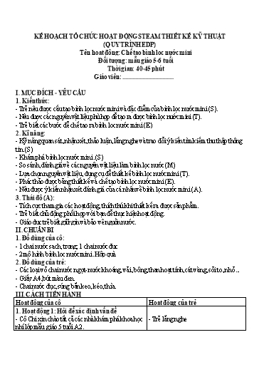 Giáo án Steam Mầm non Lớp Lá - Đề tài: Chế tạo bình lọc nước mini