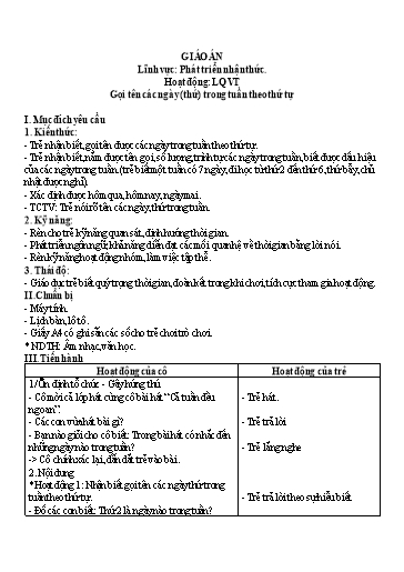 Giáo án Steam Mầm non Lớp Lá - Đề tài: Gọi tên các ngày (thứ) trong tuần theo thứ tự