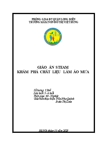 Giáo án Steam Mầm non Lớp Lá - Đề tài: Khám phá chất liệu làm áo mưa - Năm học 2023-2024 - Trần Như Quỳnh