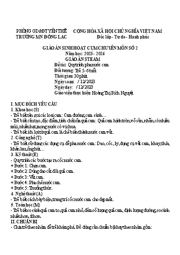 Giáo án Steam Mầm non Lớp Lá - Đề tài: Quy trình pha nước cam - Năm học 2023-2024 - Hoàng Thị Bích Nguyệt