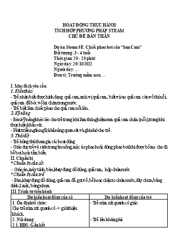 Giáo án Steam Mầm non Lớp Mầm - Chủ đề: Bản thân. Đề tài: Chiếc phao bơi của “bạn Cam” - Năm học 2022-2023