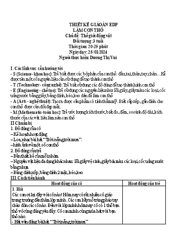 Giáo án Steam Mầm non Lớp Mầm - Chủ đề: Thế giới động vật. Đề tài: Làm con thỏ - Năm học 2023-2024 - Dương Thị Vui