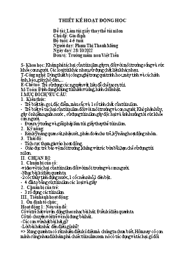 Giáo án Steam Mầm non Lớp Chồi - Đề tài: Làm túi giấy thay thế túi nilon - Năm học 2022-2023 - Phạm Thị Thanh Mừng