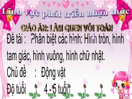 Bài giảng Steam Mầm non Lớp Chồi - Chủ đề: Động vật - Đề tài: Phân biệt các hình: Hình tròn, hình tam giác, hình vuông, hình chữ nhật - Trường Mầm non 1-6