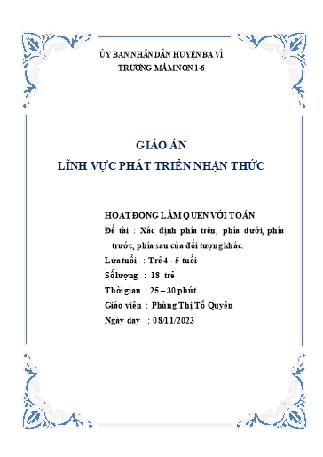 Giáo án Steam Mầm non Lớp Chồi - Đề tài: Xác định phía trên, phía dưới, phía trước, phía sau của đối tượng khác - Năm học 2023-2024 - Phùng Thị Tố Quyên
