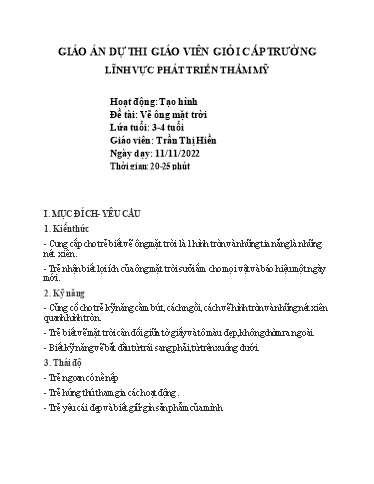 Giáo án Steam Mầm non Lớp Mầm - Đề tài: Vẽ ông mặt trời - Năm học 2022-2023 - Trần Thị Hiền