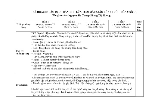 Kế hoạch giáo dục Mầm non Lớp Mầm - Tháng 11 - Nguyễn Thị Trang